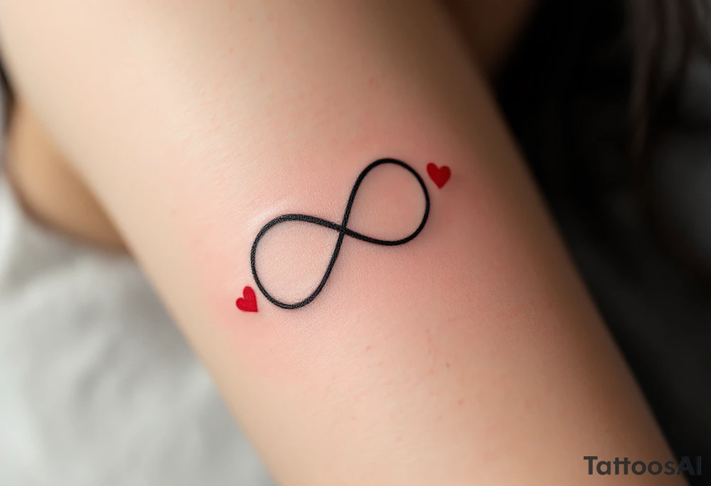 A bold black infinity sign entwined with two matching red hearts at each loop end. tattoo idea