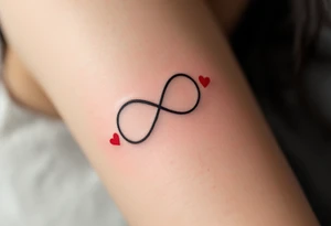 A bold black infinity sign entwined with two matching red hearts at each loop end. tattoo idea