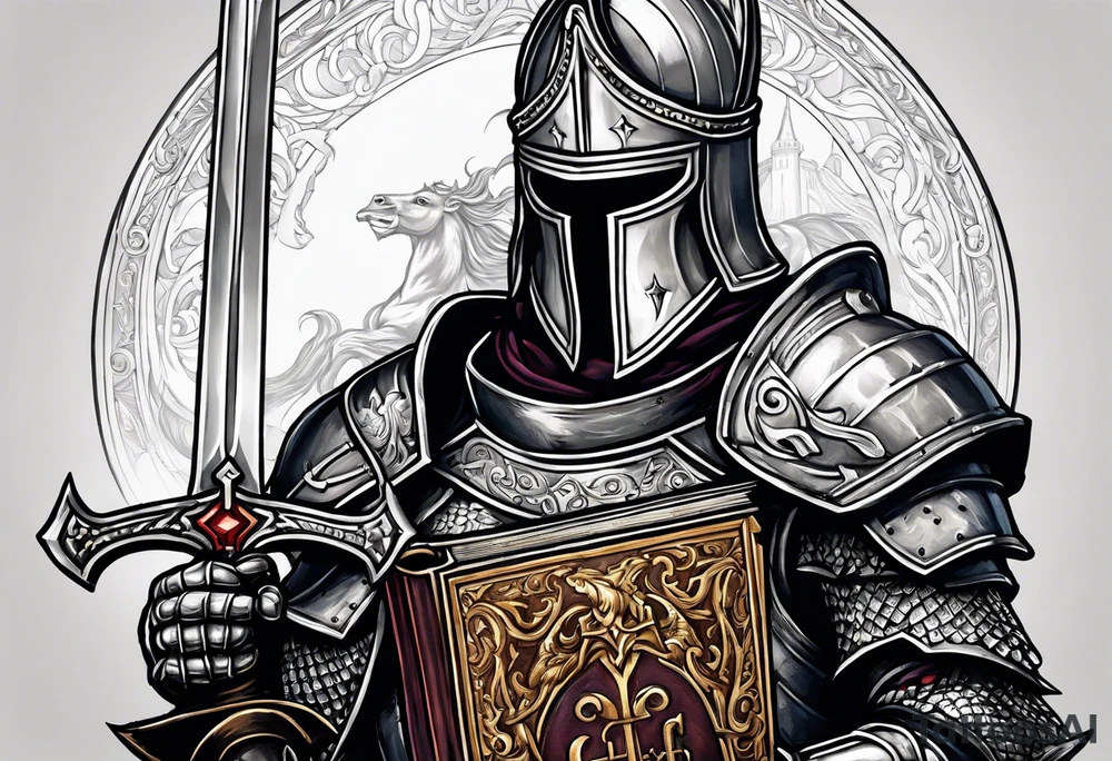 knight holding a bible over his head in combat tattoo idea