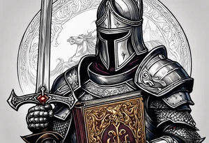 knight holding a bible over his head in combat tattoo idea