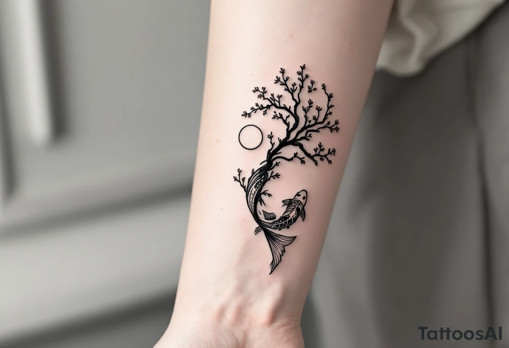 sakura tree, a moon, a koi fish with line wor tattoo idea