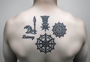 Polynesian symbols of waves, spearheads and tiki, scandanvian compass, igbo patterns symbolizing resilience, Native American circle representing wholeness. The names Lainey, Kainoa and Maya tattoo idea