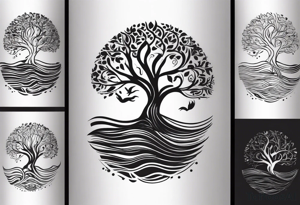 A tattoo design that incorporates the following elements: an abstract tree of life that has roots emerging  from the ground. Waves of water wrap around the tree in a non symmetrical design.  Incorporate musical notes into the tree. the letters U and A are overlapping and engraved into the tree. The game of golf incorporated but not prominent. tattoo idea