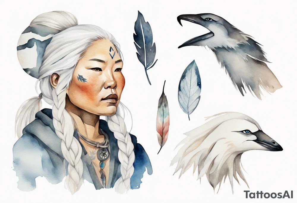 a watercolor of an Inuit woman with long white hair with a white twig in her hand tattoo idea