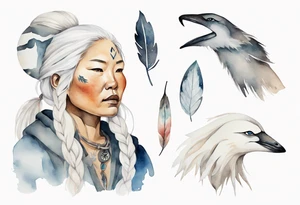 a watercolor of an Inuit woman with long white hair with a white twig in her hand tattoo idea