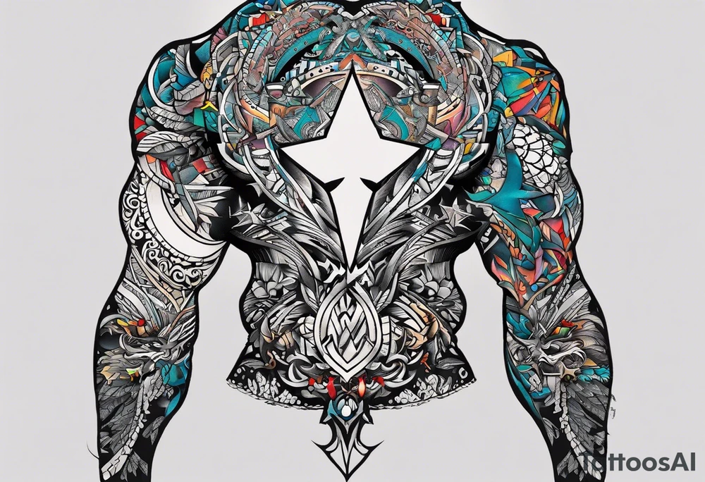 Wide tattoo that appears to be bursting out of the skin, symbolizing freedom. The tattoo should be vibrant and dynamic, with bold lines and colors that evoke a sense of liberation and empowerment. Consider incorporating elements such as broken chains, or other symbols of freedom. The tattoo should be visually striking and thought-provoking, inviting the viewer to reflect on the importance of personal freedom. tattoo idea