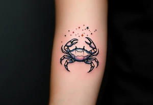 A tiny crab outlined in black with the Cancer star constellation traced above in twinkling pastel stars. tattoo idea