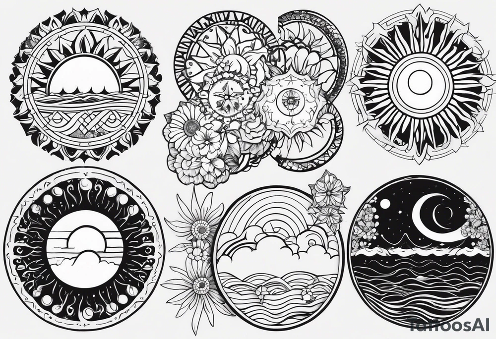 my sister's name Nėja and my mum's name Jūratė, I want to make a tattoo for them, I want to illustrate my sister as sun and my mum as ocean (wave or sea). My sister is very happy and always sunshine, my mum is strong and loves ocean. Made it in a circle. sun should radiate happy energy, ocean strong energy tattoo idea