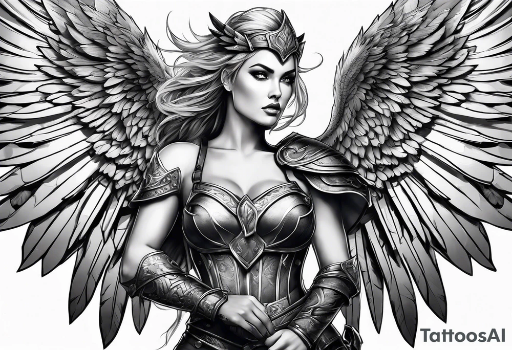 The full body of a Valkyrie with wings tattoo idea