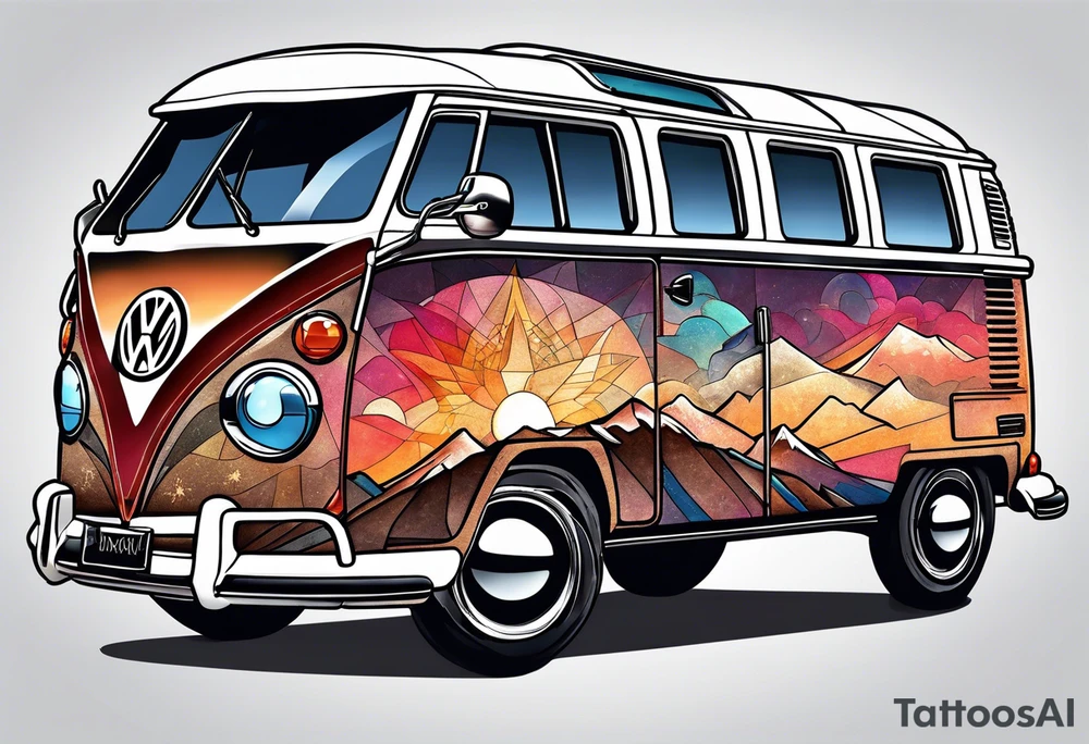 directional Compass rose, mountains and VW Komi campervan tattoo idea