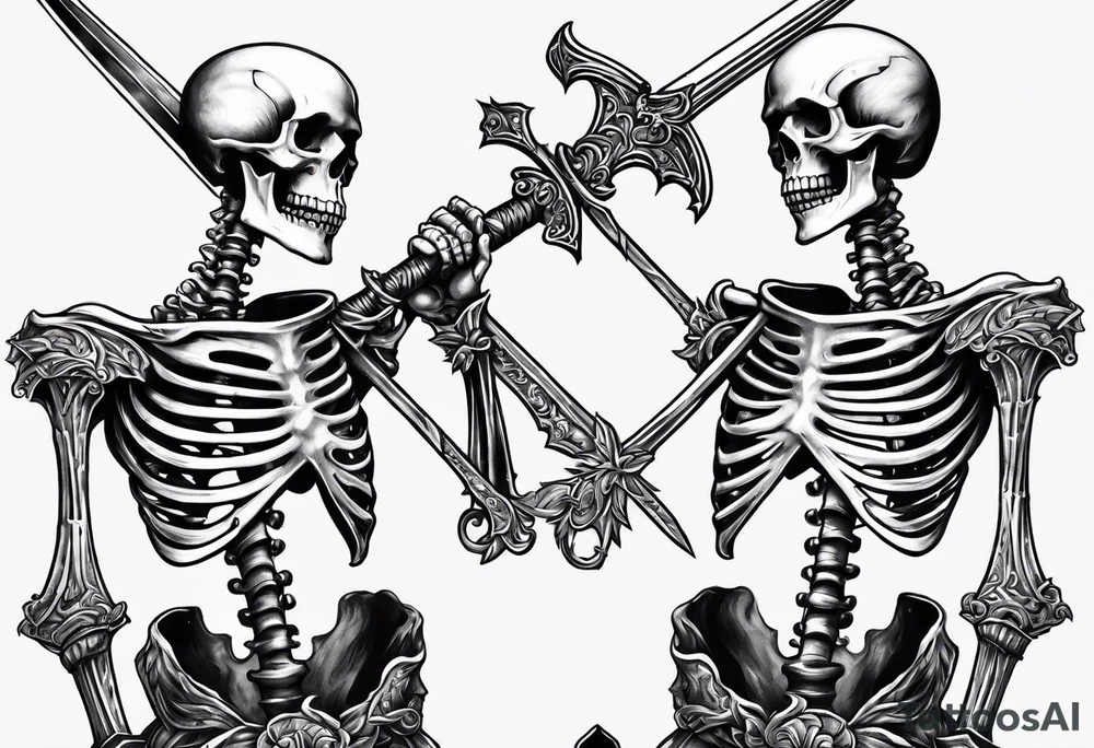 Two Skeletons both reaching for a sword tattoo idea