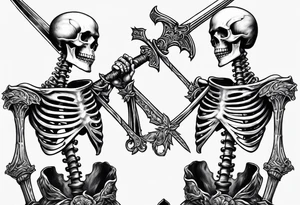 Two Skeletons both reaching for a sword tattoo idea