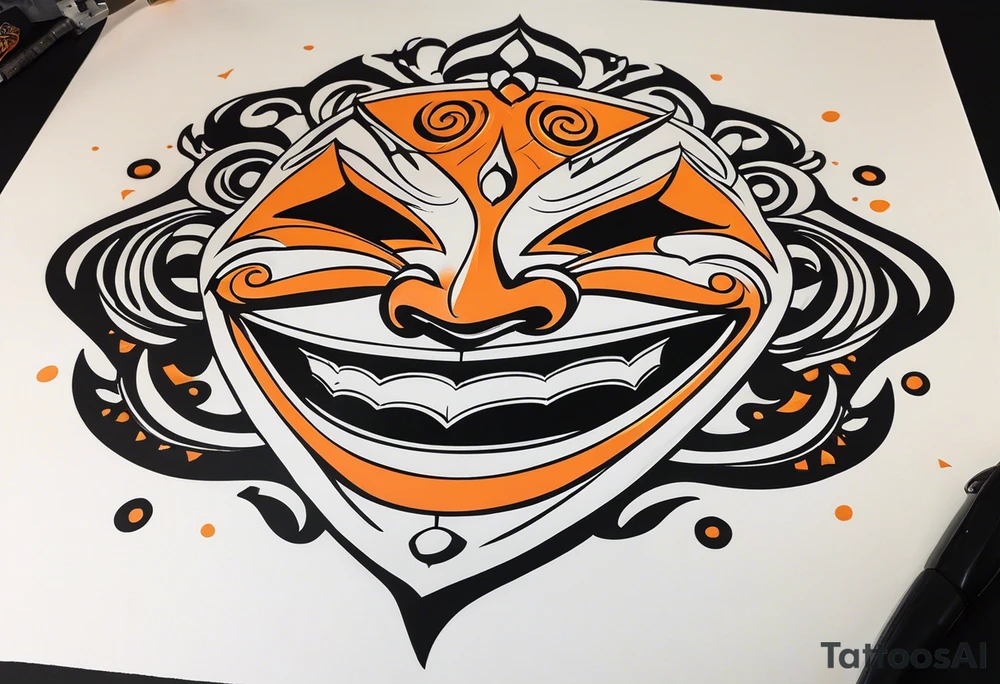 Laughing mask that is orange and black tattoo idea