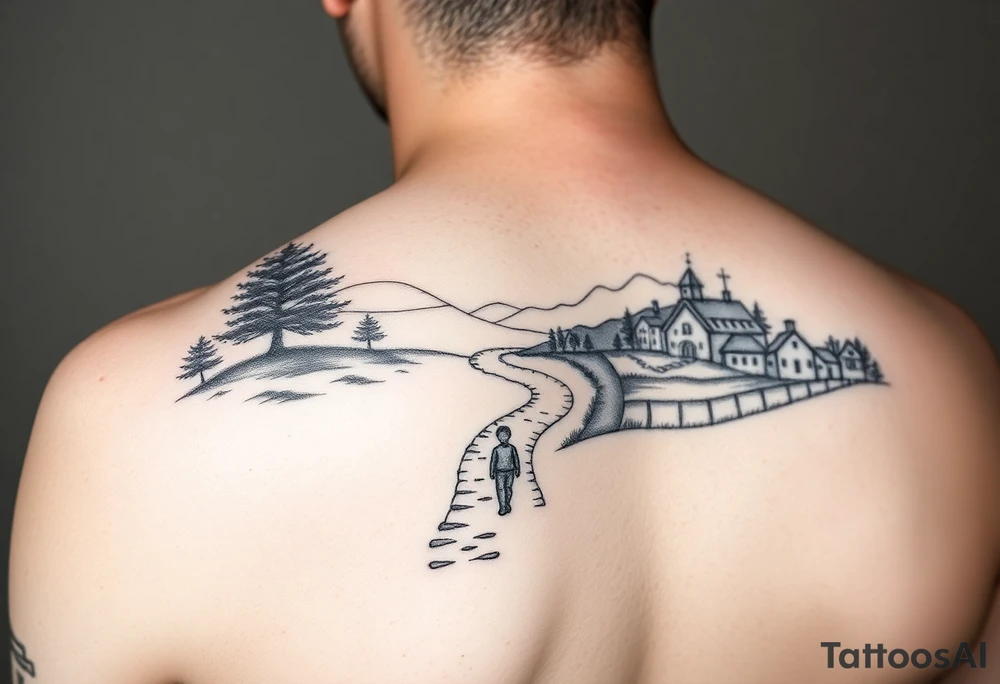 designing a black and white tattoo for a half-sleeve on shoulder: path beginning in the bottom end and winding upwards. The first third starting at the bottom. On the left are a few trees and on the right side a village and a school. A child is walking the path. tattoo idea