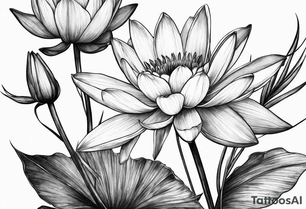 Linear Larkspur and water lily with stems tied with ribbon tattoo idea