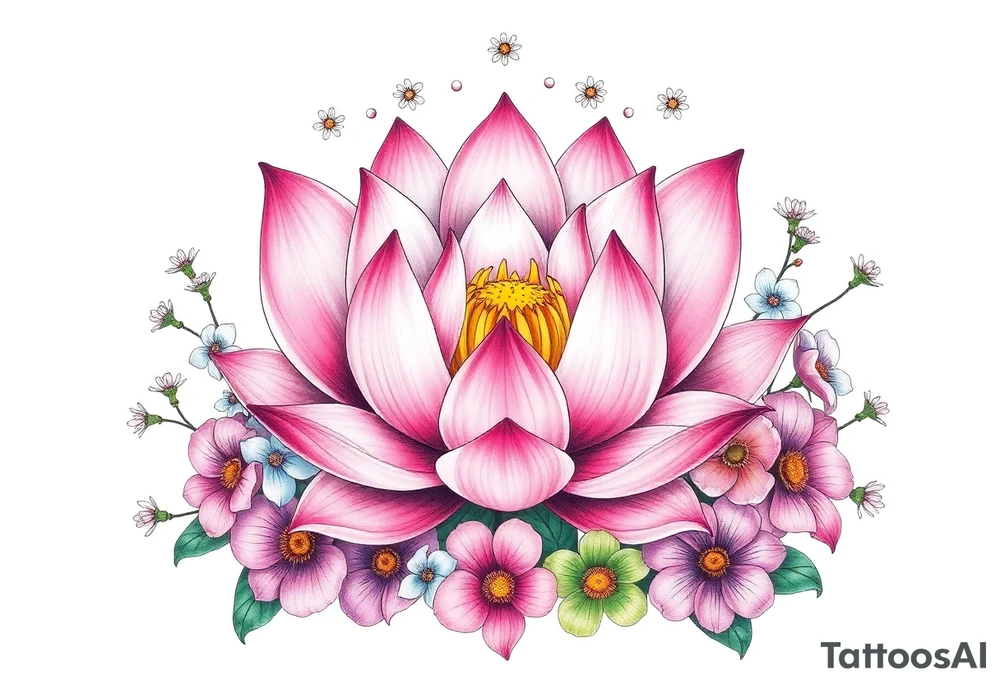 Lotus flower surrounded by forget me nots and peonies tattoo idea