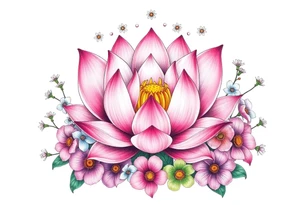 Lotus flower surrounded by forget me nots and peonies tattoo idea