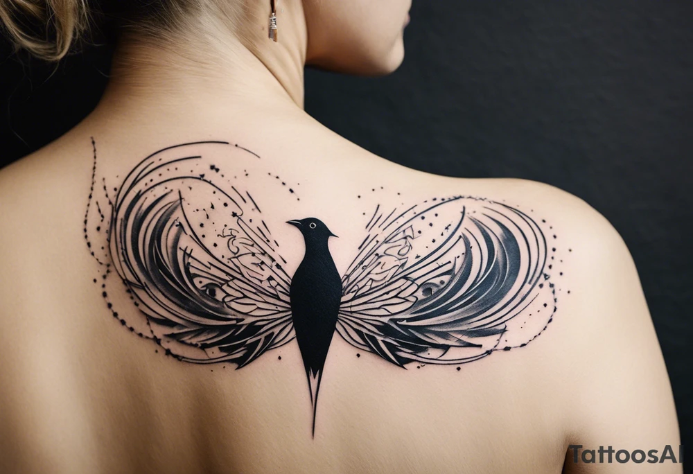 Wide tattoo that appears to be bursting out of the skin, symbolizing freedom. The tattoo should be vibrant and dynamic, with bold lines and colors that evoke a sense of liberation and empowerment. Consider incorporating elements such as broken chains, or other symbols of freedom. The tattoo should be visually striking and thought-provoking, inviting the viewer to reflect on the importance of personal freedom. tattoo idea