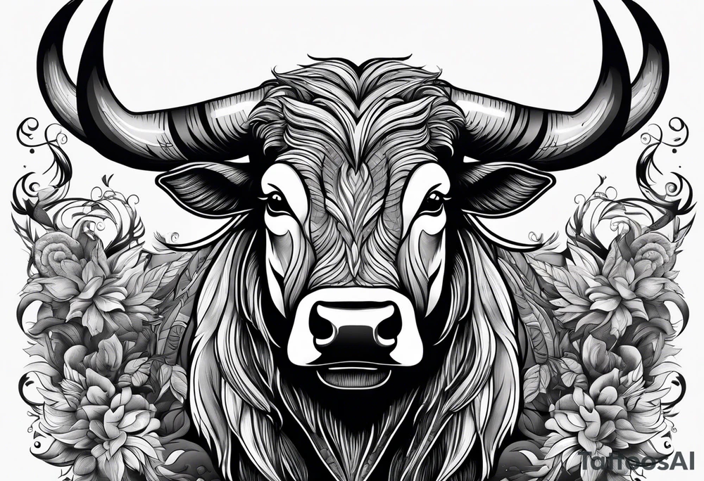 Large bull with horns busting through crowd of people tattoo idea