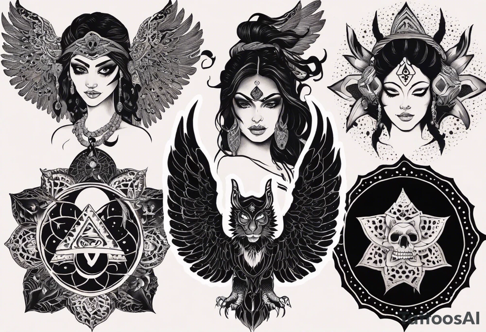 black kali, goddess pirate, alien, angel, pachamama, valkrye, warrior, flying, skull, lotus azul, wing, eagle, zenza resonance, stars, 5D, anahata chakra, death, durga, riding on a tiger, flying lady, chest tatoo tattoo idea