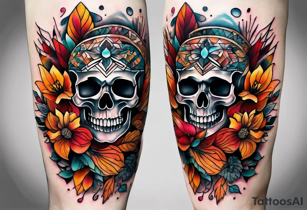 Knee tattoo with fall colors, flowers, skulls and geometric shapes. tattoo idea
