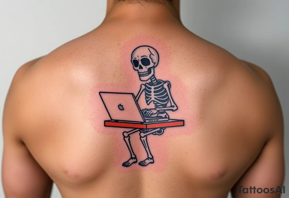 skeleton working at a desk with a laptop tattoo idea