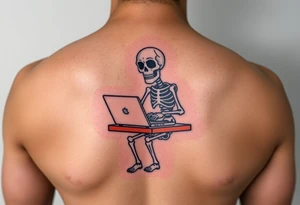 skeleton working at a desk with a laptop tattoo idea