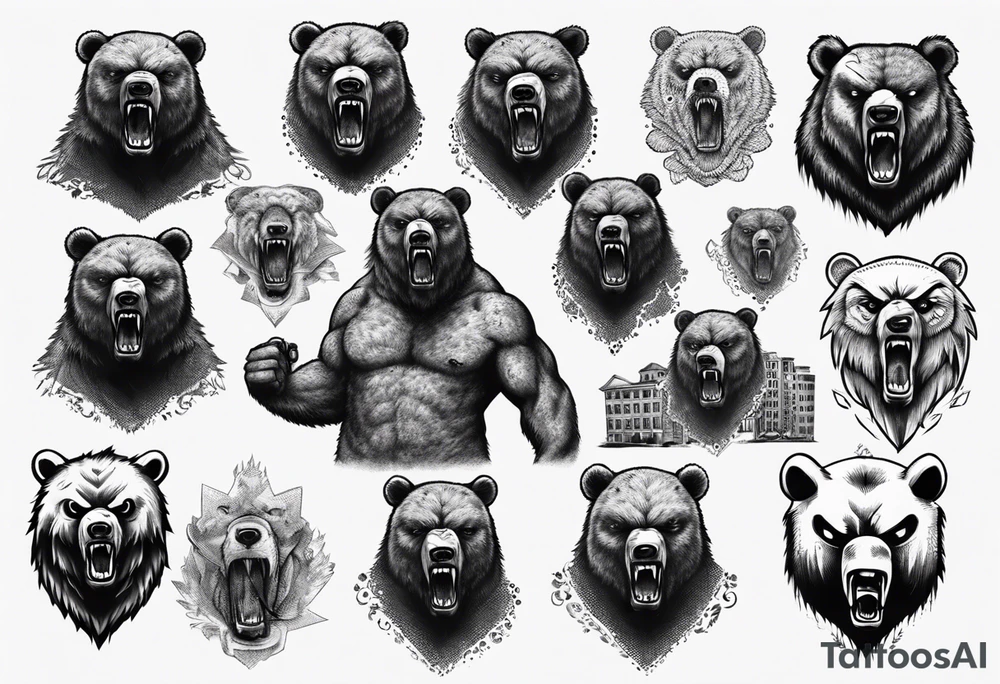 Angry bear coming up behind a city tattoo idea