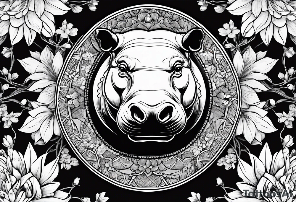 Very asymmetrical, +geometric pattern, with realistic full moon, with hippo head, wintersweet flower bud, +portrait orientation, tattoo idea