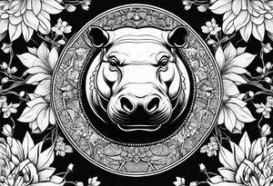Very asymmetrical, +geometric pattern, with realistic full moon, with hippo head, wintersweet flower bud, +portrait orientation, tattoo idea