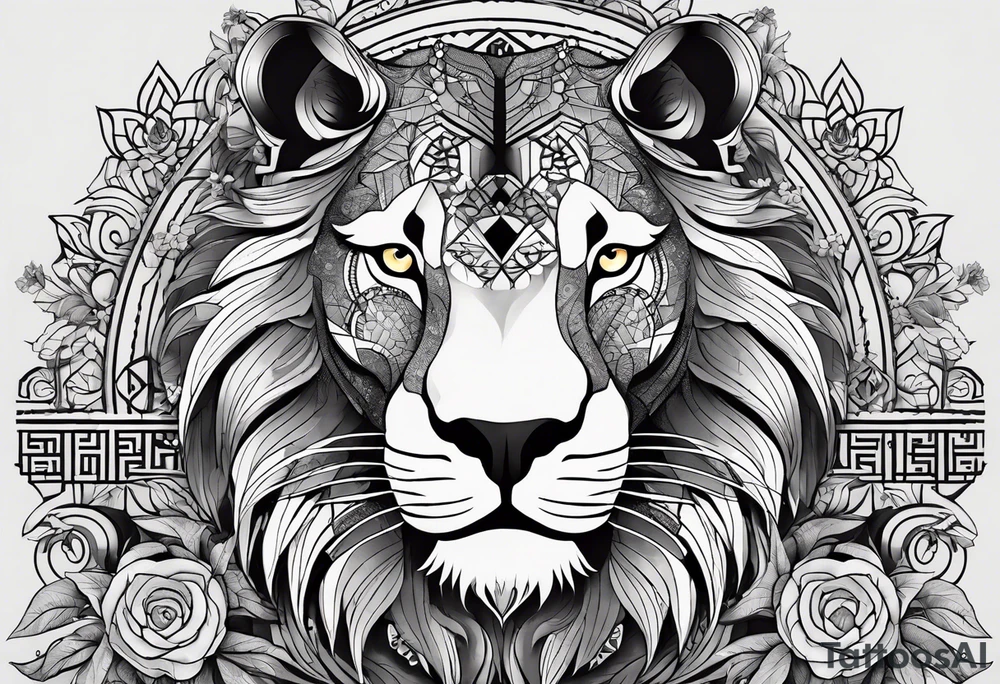 Very asymmetrical, +geometric pattern, with realistic full moon, with hippo head superimposed with a lion ,+tribal, +geometric, +inkart , +blackwork, +grey scale, + sketch
with wintersweet flower bud, +inkart touch, +for men, detailed , combined favourite , tattoo idea