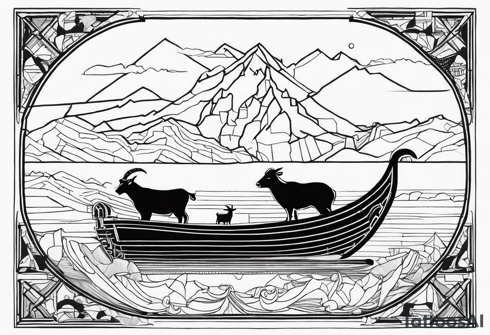 A badger, a goat and a reindeer on an ark inside the outlines of Map of Mallorca tattoo idea