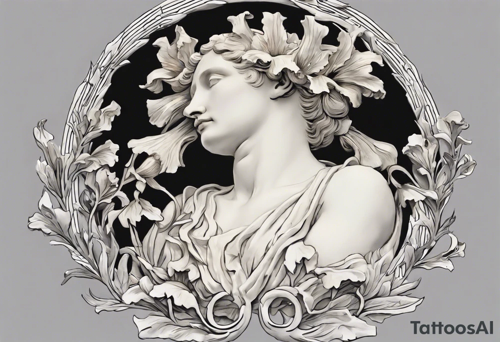 Create a colorful Vincent van Gogh Irises tattoo with an ancient Greek female statue in the middle in white marble. The tattoo should take the form of a crescent, with vines gracefully intertwining at a central point in the middle of the wreath.  The intended placement is on the upper chest. The overall design should be small in size while maintaining a delicate and artistic aesthetic. Pay attention to the graceful flow of the vines and the placement of the irises to achieve a refined and elegant look. tattoo idea