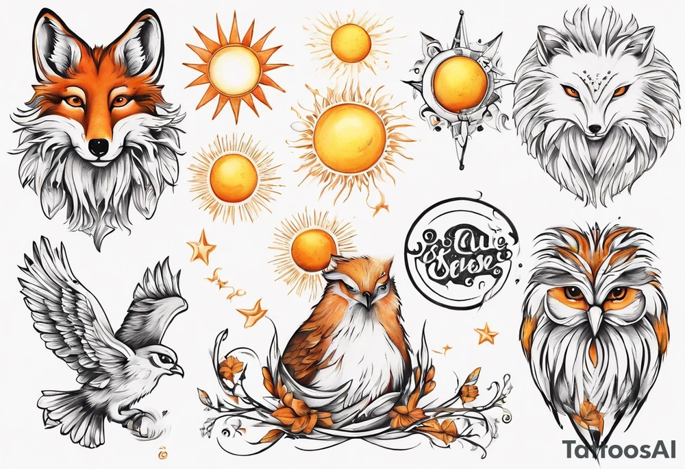 Fuchs und Eule unter der Sonne mit dem Schriftzug Sapere Aude tattoo idea