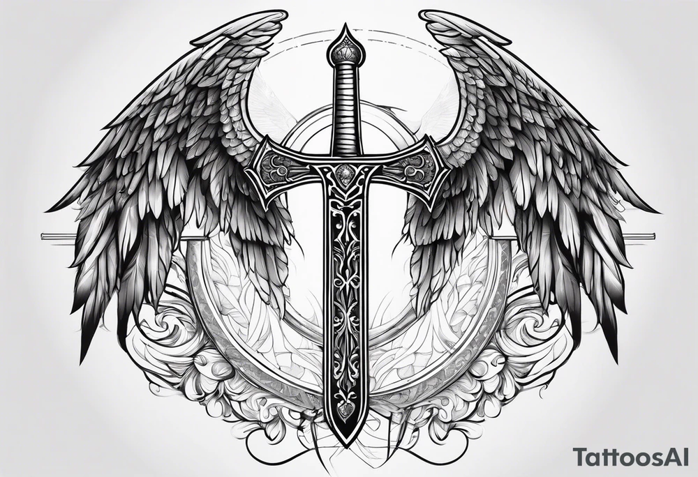 angel wings with a sword in the middle that has a sikhism khanda on it tattoo idea