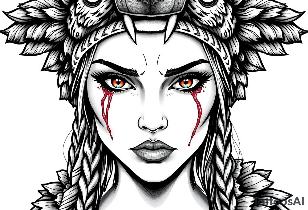 Symmetrical Beautiful Woman with colored eyes, shedding a tear, with battle scars and blood on face, wearing a mean looking bear headdress on head tattoo idea