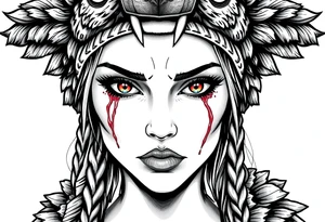 Symmetrical Beautiful Woman with colored eyes, shedding a tear, with battle scars and blood on face, wearing a mean looking bear headdress on head tattoo idea