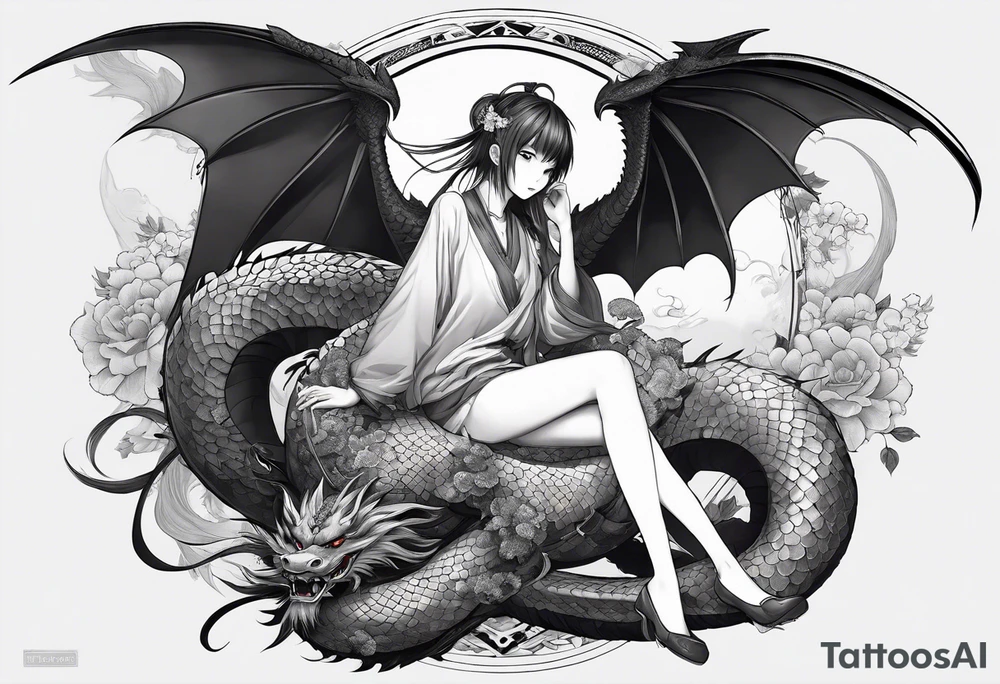 a full shot of an anime girl seen from far, sitting on a ball and surrounded by asian dragon with wings tattoo idea