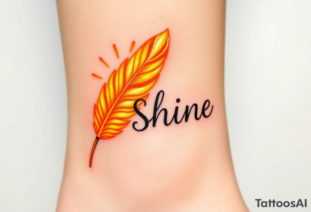 A golden yellow and fiery orange feather with a sunbeam effect, featuring the word "Shine", representing radiance and warmth in a relationship tattoo idea