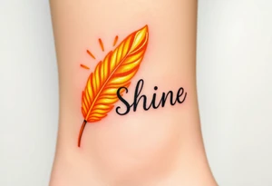 A golden yellow and fiery orange feather with a sunbeam effect, featuring the word "Shine", representing radiance and warmth in a relationship tattoo idea