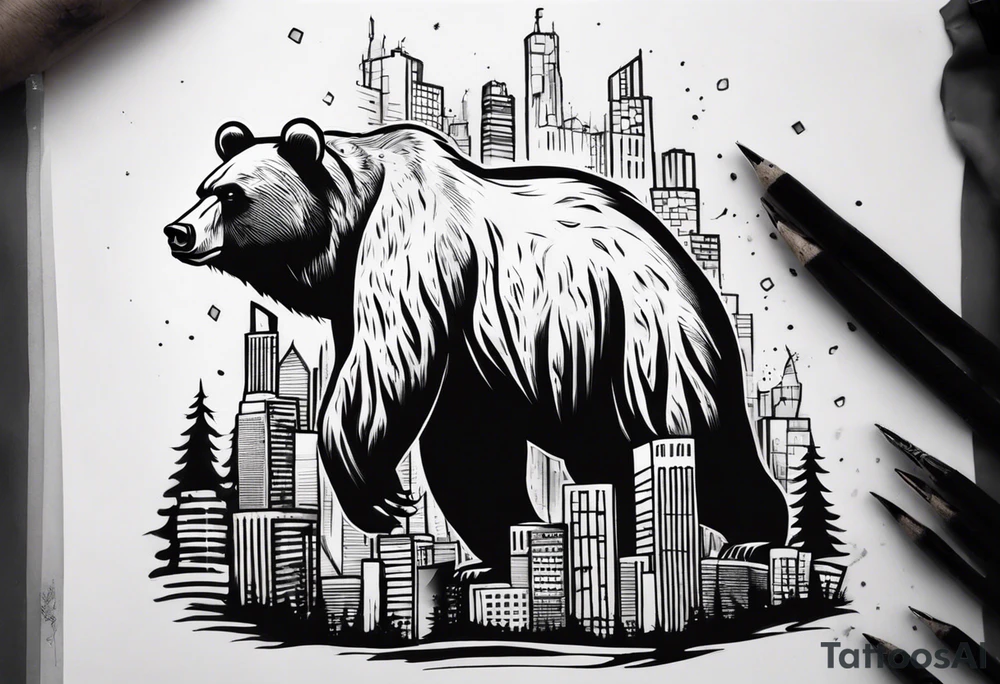 Serious bear coming up behind a city tattoo idea