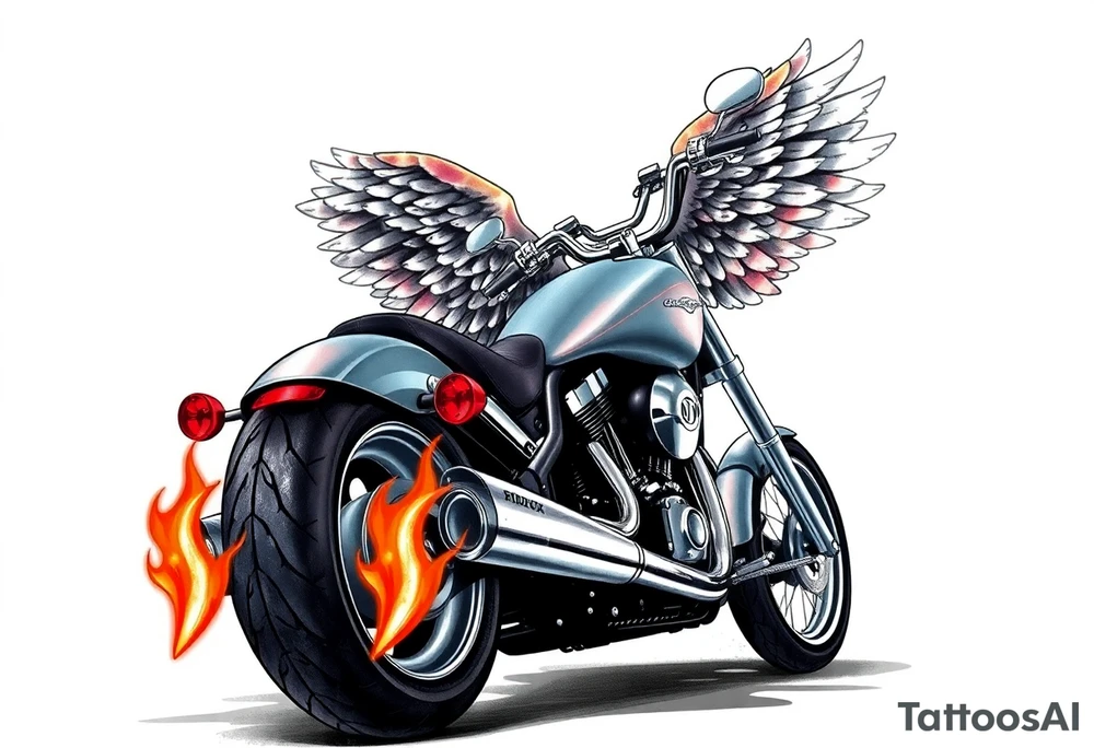 Low rider grey motorcycle, big muffler pipes with flames, angel wings, driving away, no person tattoo idea