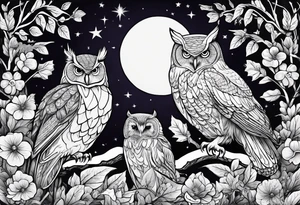 Winter sky, flowers, owls, stars, violets, primroses, ash tree, tattoo idea