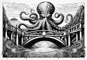 Octopus attacking a bridge with volcano in background tattoo idea