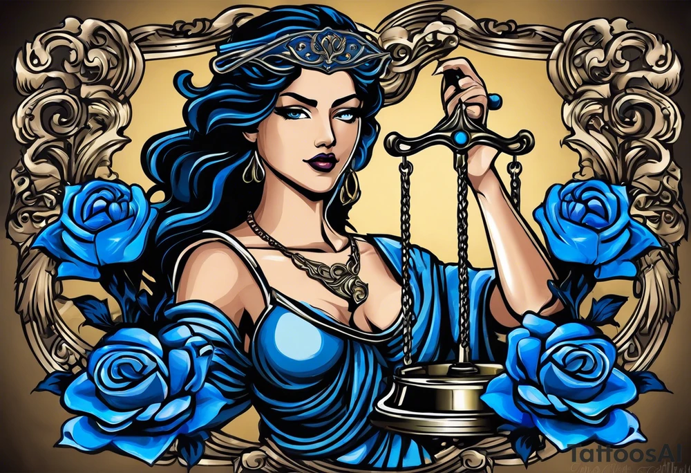 Lady Justice, 
Blindfold:
Scales: 
 Lady Justice is shown with black hair, which is a unique artistic choice compared to the more traditional representations. The scales, blindfold, and sword are all present, adhering to the classic iconography but with a modern and colorful twist. blue roses frames, background blue,present it in a tattoo tattoo idea