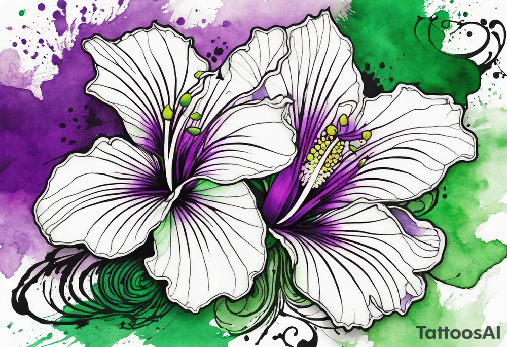 A mystical outline of a green and purple rio dipladenia flower and a green and purple watercolor splash in the background tattoo idea