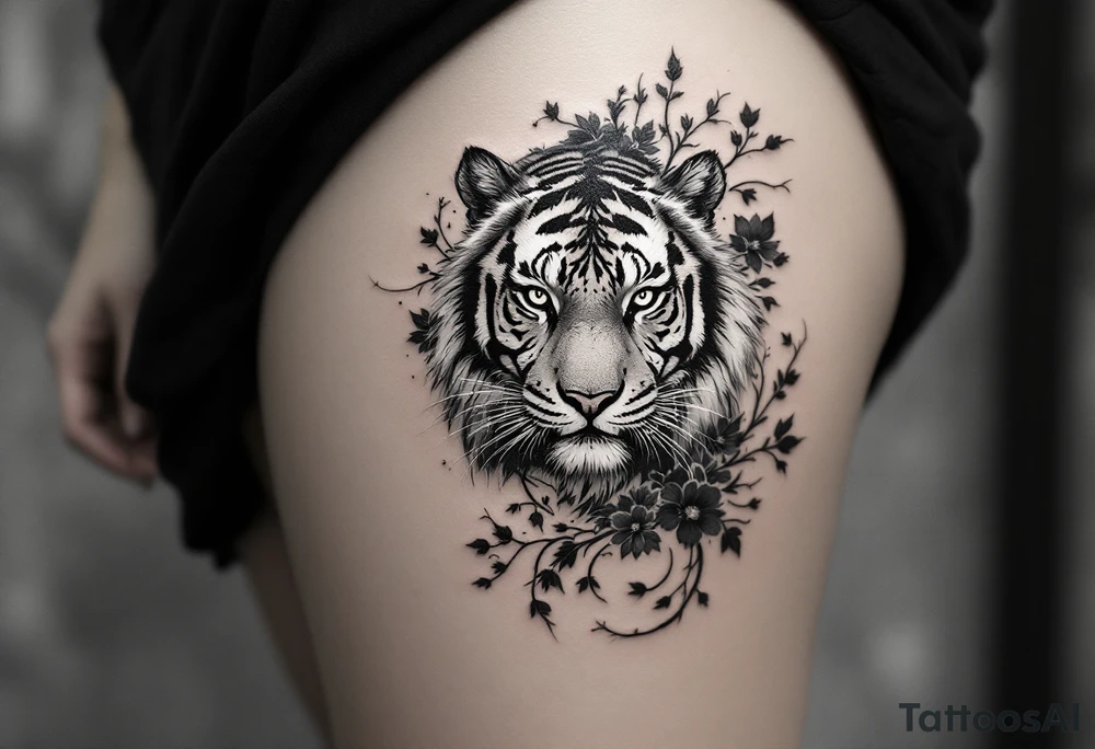 Character 力 (lì, “strength”) in dark gray pairs with a tiger to emphasize inner and outer power. tattoo idea
