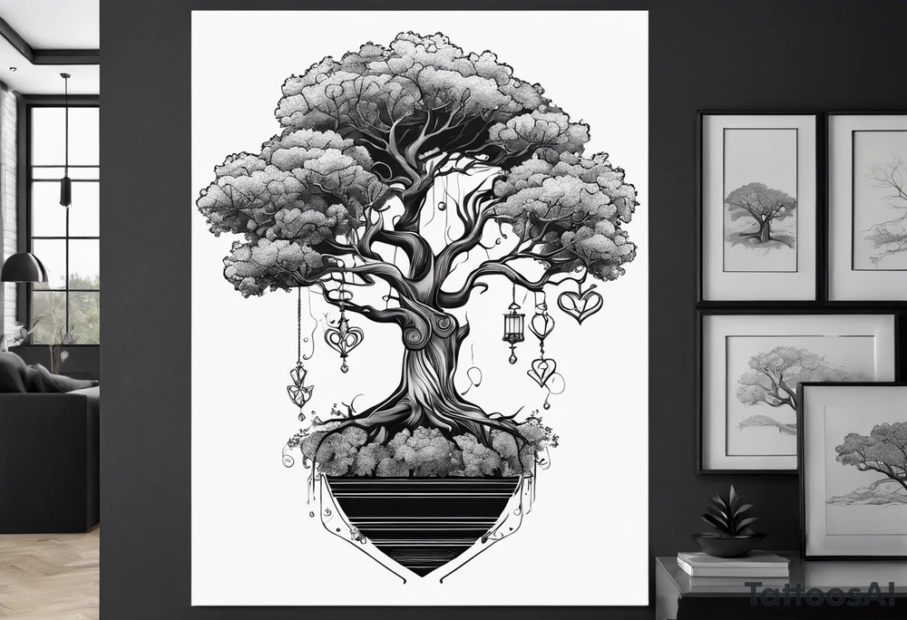 One line tattoo of oak tree with little gift at the bottom tattoo idea