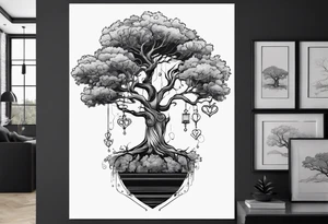 One line tattoo of oak tree with little gift at the bottom tattoo idea