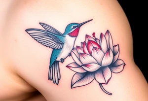 A hummingbird drinking nectar from an Egyptian lotus, make bird black (only red , blue and black are possible colors) tattoo idea